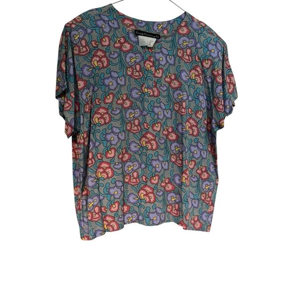 Vintage 90s (?) Tropical Floral Print Henley Rayon Blouse Top Women Large Granny - Picture 2 of 6